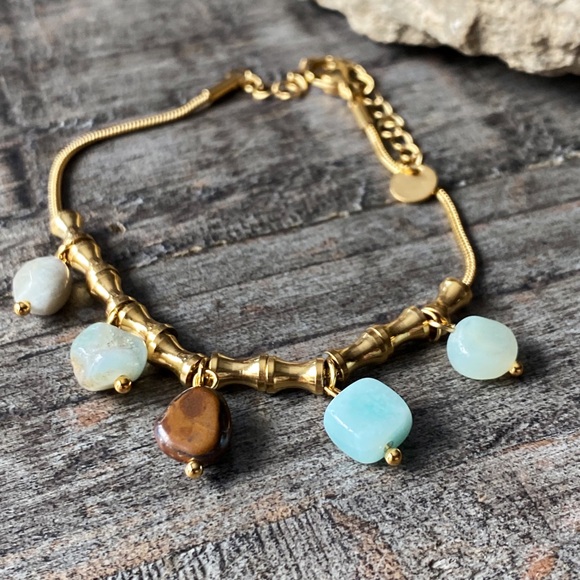 Anthropologie Jewelry - NEW Gold & Polished Stone Beaded Bracelet